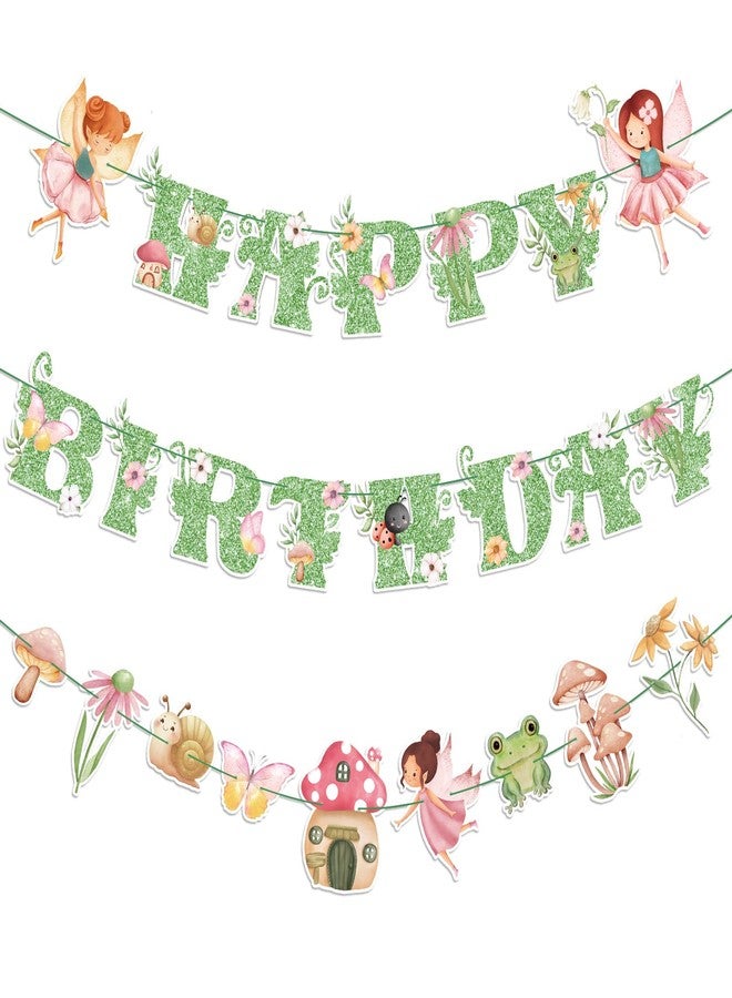 Daifunli 3 Pcs Fairy Birthday Party Decorations Green Glitter Happy Birthday Banner Colorful Hanging Decor Funny Banner Cutout Garland for Themed Decorations Bridal Shower Garden Party Supplies - Image 1